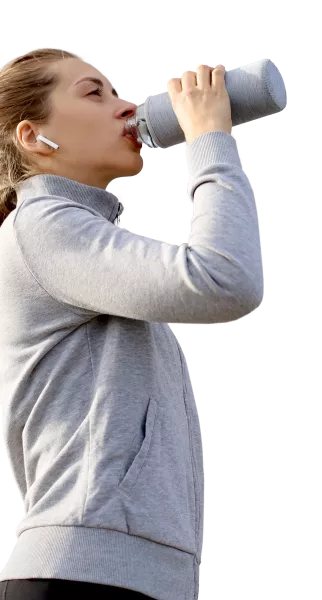Sports nutrition with woman drinking water profile
