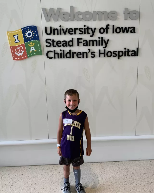 Tate Manahl in University of Iowa Stead Family Children's Hospital lobby