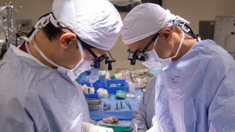 Mohammad Bashir (right) and thoracic surgery fellow Albert Pai perform a pulmonary/tricuspid valve repair/replacement at UIHC on Friday, Oct. 22, 2021.