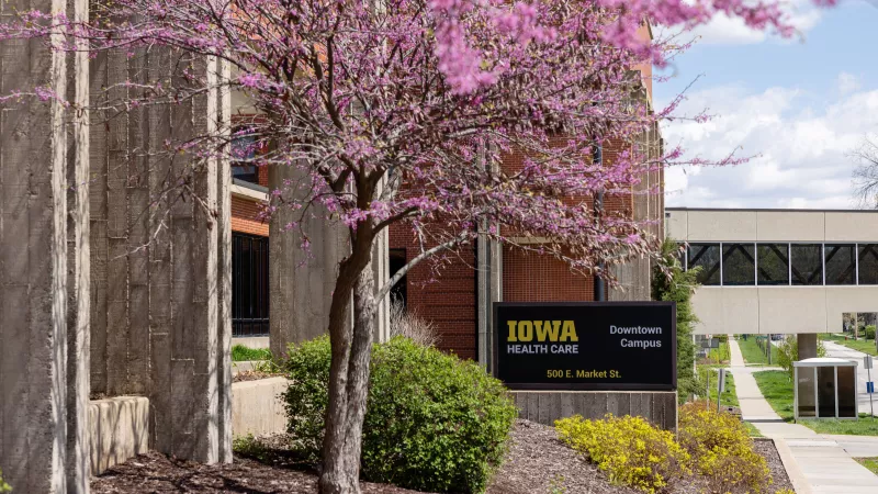 University of Iowa Health Care Medical Center Downtown with flowering trees in spring
