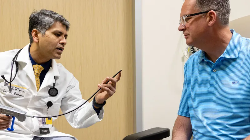 Dr. Paari Dominic with simulated patient in the Heart and Vascular Center on Tuesday, April 2, 2024.