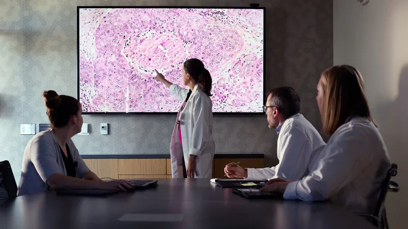 A staged photo of a MOG team reviewing a patient's cells on a tv screen