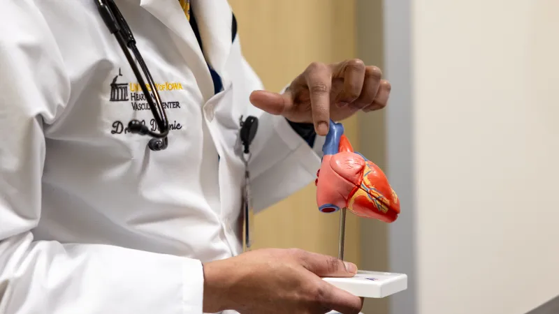 Dr. Paari Dominic with simulated patient in the Heart and Vascular Center on Tuesday, April 2, 2024.