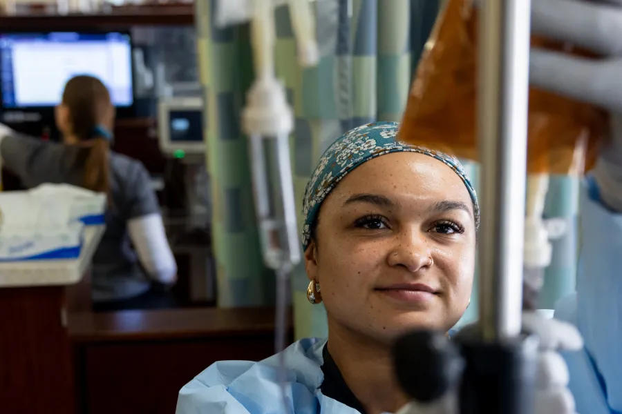 Staff nurse Sydnee Turner RN BSN in the infusion center at Holden Comprehensive Cancer Center on the UI Health Care university campus on Monday, May 5, 2025. Patient consent on file. 