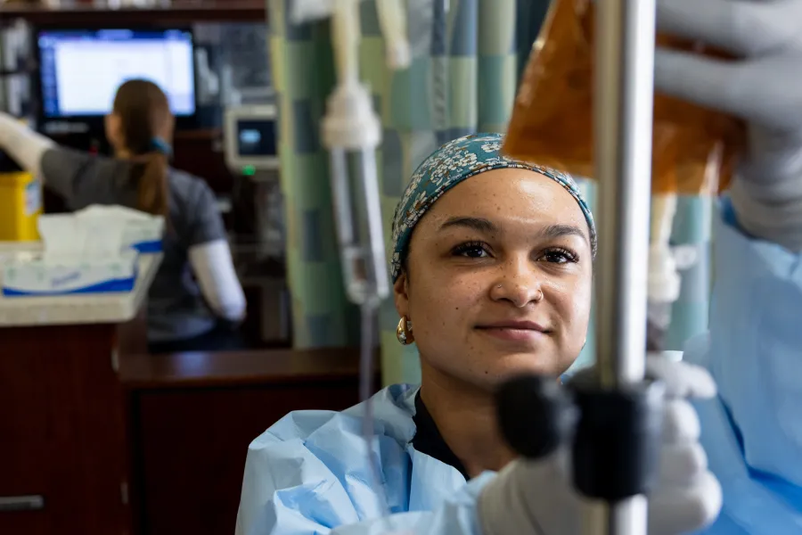 Staff nurse Sydnee Turner RN BSN in the infusion center at Holden Comprehensive Cancer Center on the UI Health Care university campus on Monday, May 5, 2025.
