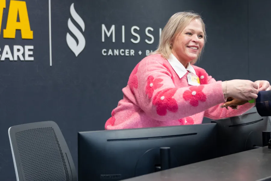 Waiting room and front desk at Mission Cancer + Blood - Waukee, part of UI Health Care, on Thursday, April 2, 2026.