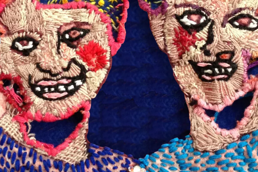 Dear Mothers, embroidery, sequins and beads on found fabric