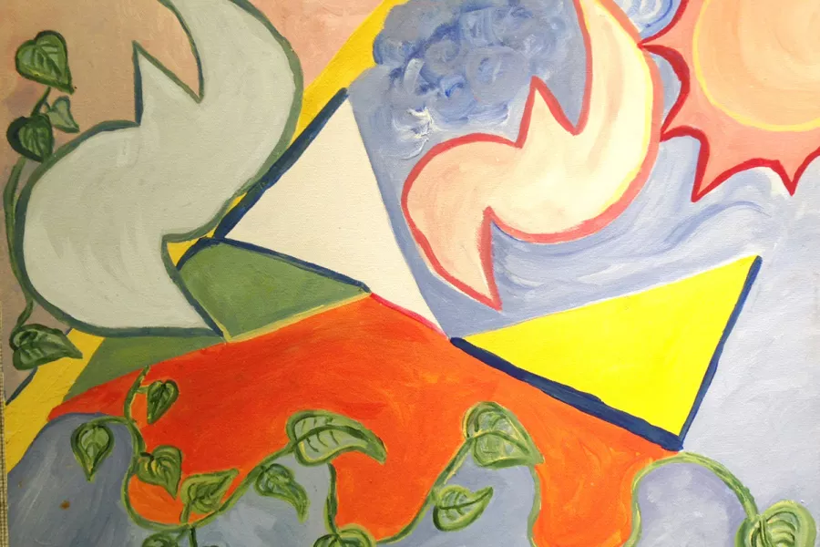 Rachael Alhassan, Two Doves in a Storm, acrylic on canvas