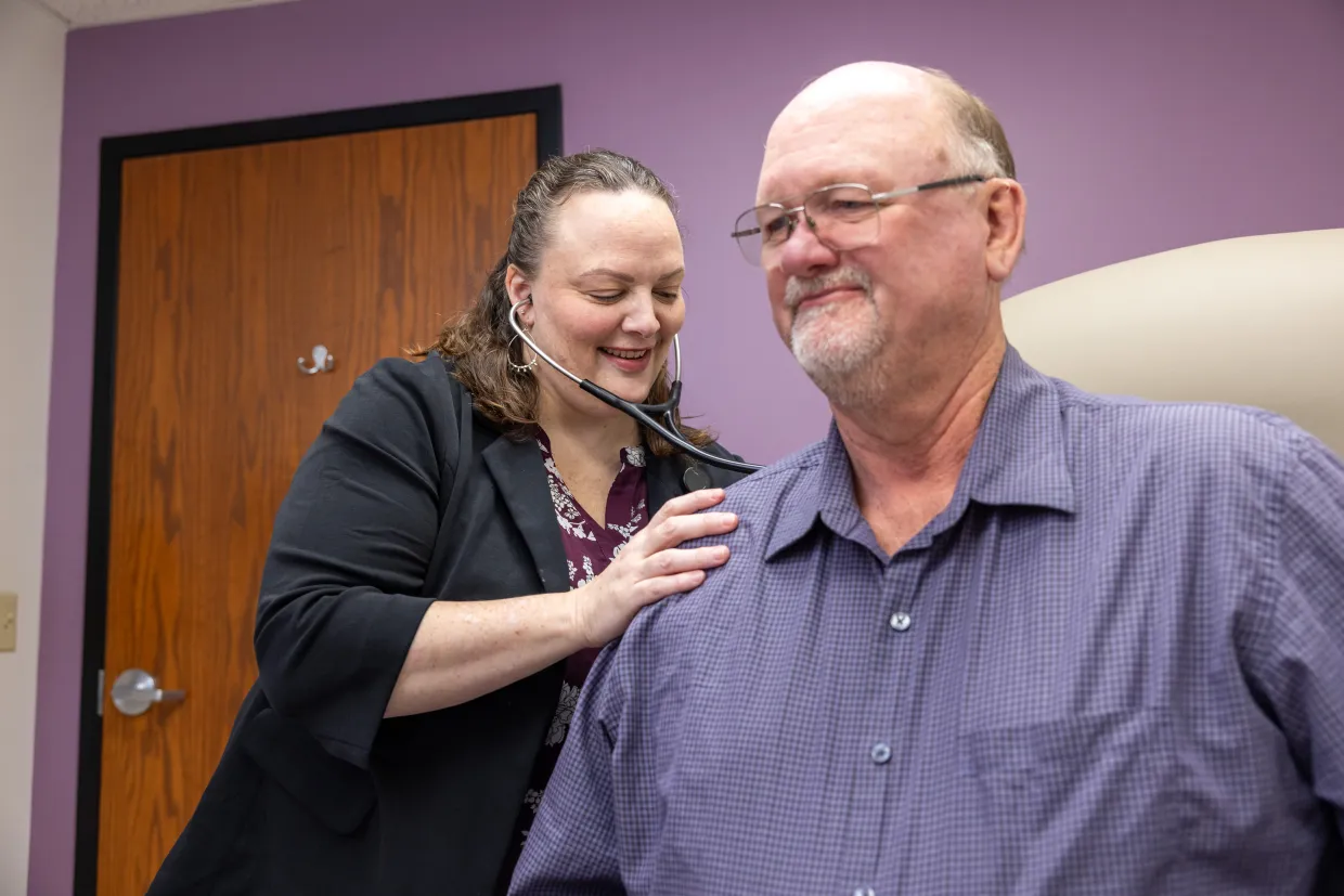 Shauna LaFleur MD, with simulated adult patient at the Sioux City, Pierce Street clinic on Tuesday, May 20, 2025. Patient consents on file. 