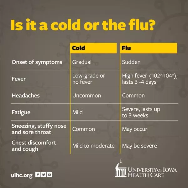 Chart comparing cold and flu symptoms