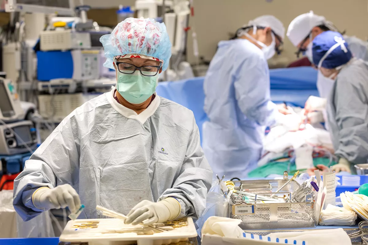 Nurse Janet Divelbiss prepares valve sizers while working with surgeon Mohammad Bashir and fellow Albert Pai during a pulmonary/tricuspid valve repair/replacement at UIHC on Friday, Oct. 22, 2021.