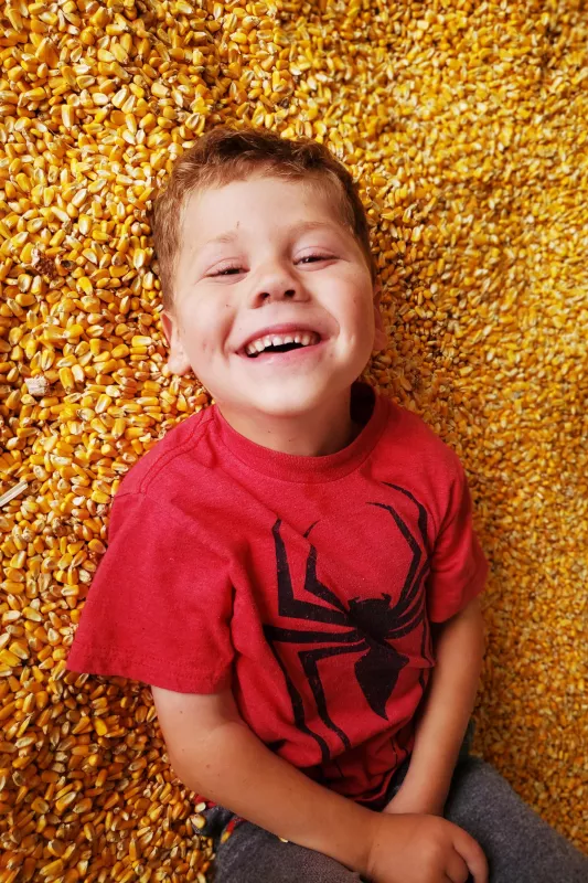 Wyatt Rannals plays in the field corn