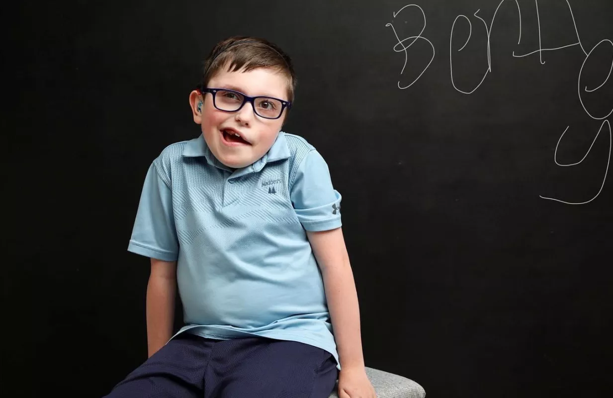 Kid Captain Bentley Erickson getting school photo taken