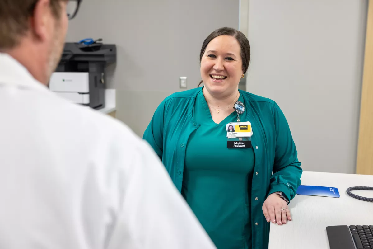 Jade Thomas, medical assistant in the orthopedics clinic at UI Health Care Medical Center North Liberty on Monday, Feb. 24, 2025.