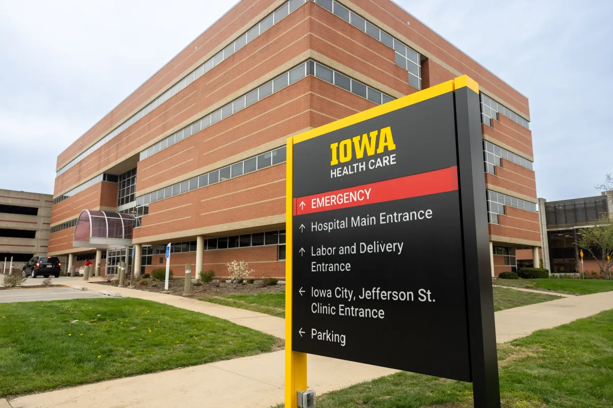 Entry sign at UI Health Care Iowa City, Jefferson Street medical building on the downtown campus on Thursday, April 17, 2025.
