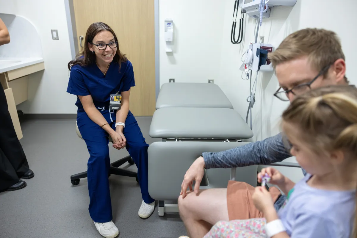 Heather Kowalski, MD, with pediatric patient in the orthopedics clinic at UI Health Care Medical Center North Liberty on Tuesday, April 29, 2025. Patient consent on file. 