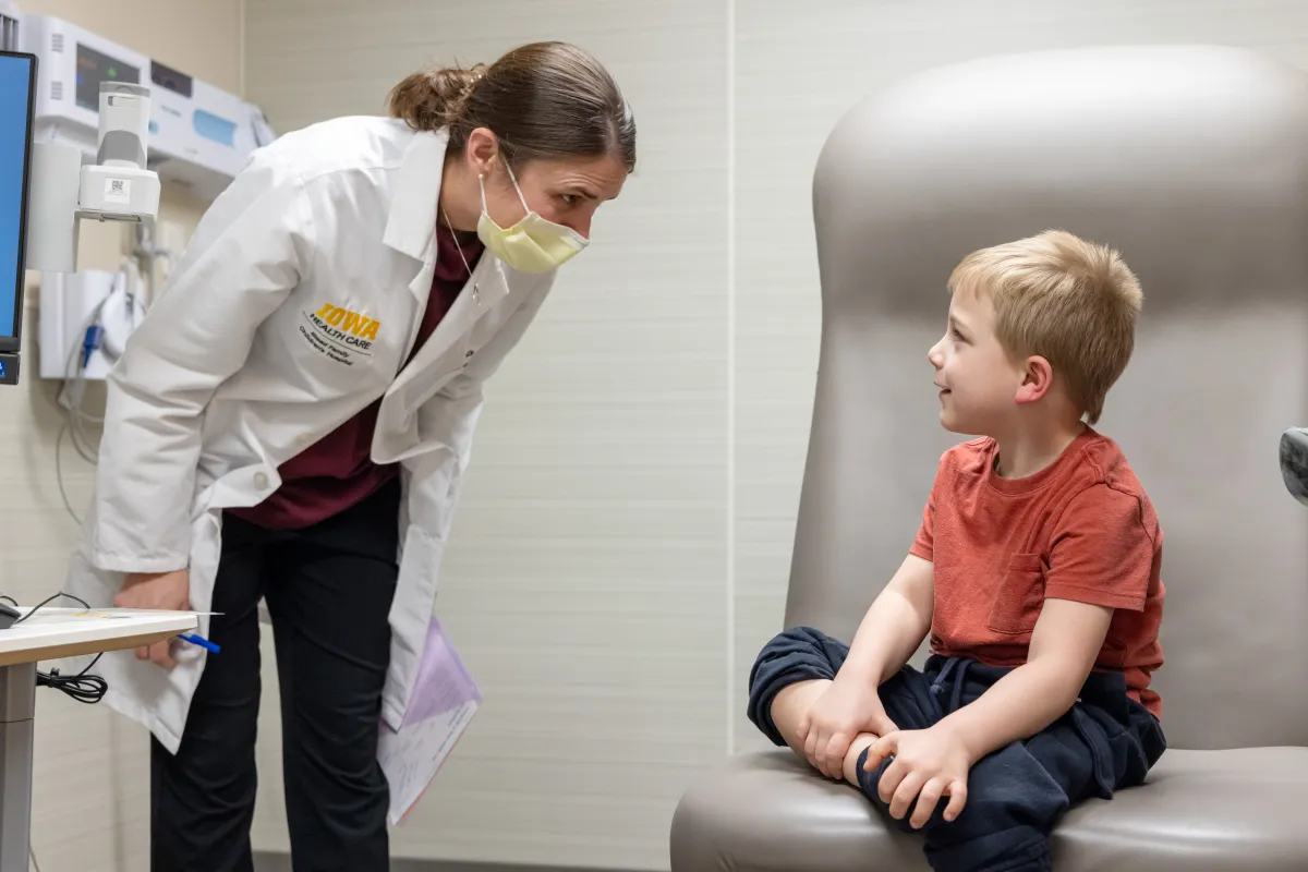 Sawyer Conrad, 5, with care team members neurosurgeon Rebecca Reynolds, MD, and physiatrist Kathleen Vonderhaar, MD, and parents Rachel and Hubert Conrad on Wednesday, March 18, 2026. Sawyer is seen through the multi specialty spasticity clinic for children, and was treated through a selective dorsal rhizotomy (SDR).