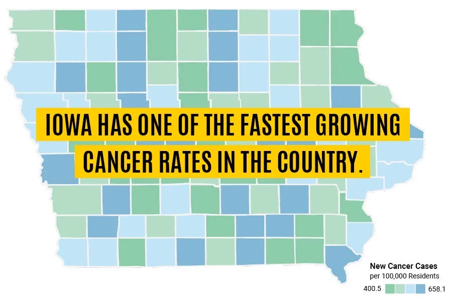 County map of Iowa showing cancer rates per capita