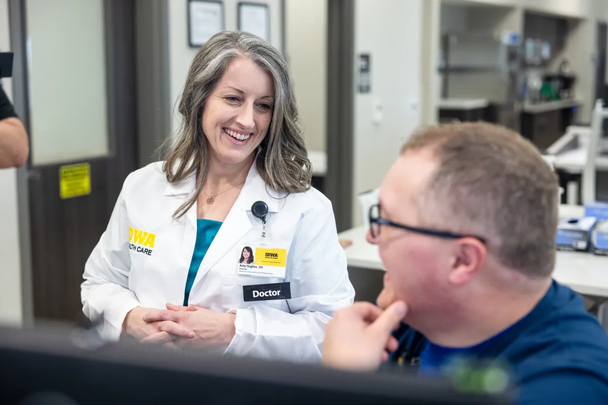 Pharmacist Peter Ryan, PharmD, and medical oncologist Amy Hughes, DO, Mission Cancer + Blood - Waukee, part of UI Health Care, on Thursday, April 2, 2026. Image may be altered to remove private health information. 