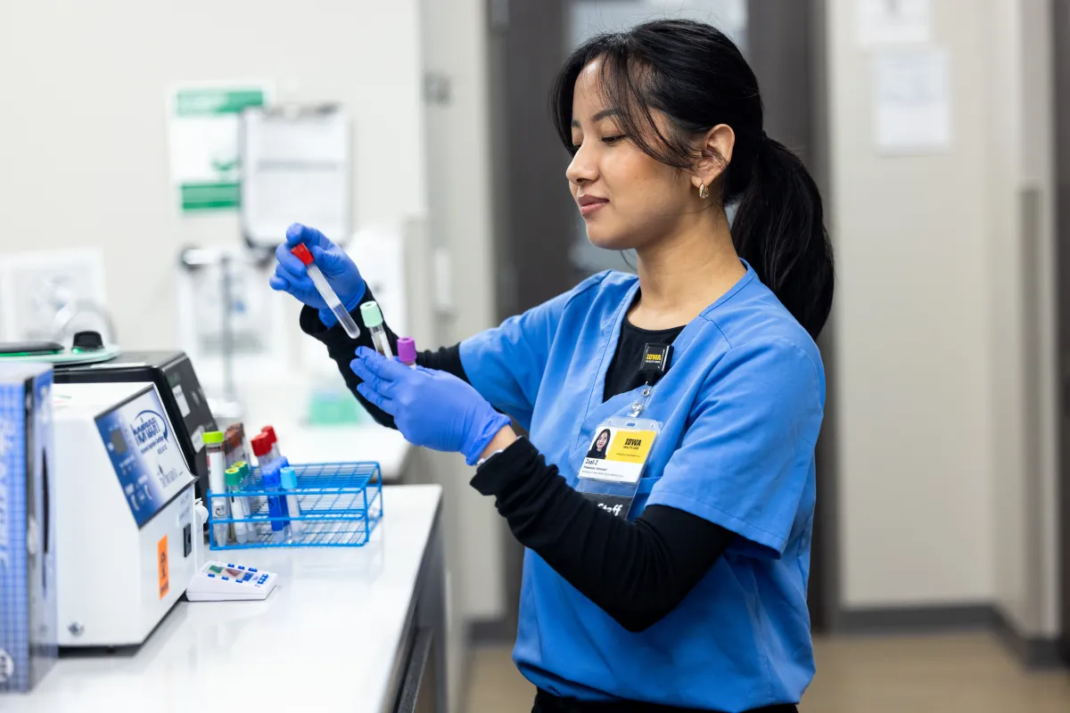 Phlebotomist Lal Zuali in the lab at Mission Cancer + Blood - Waukee, part of UI Health Care, on Thursday, April 2, 2026.