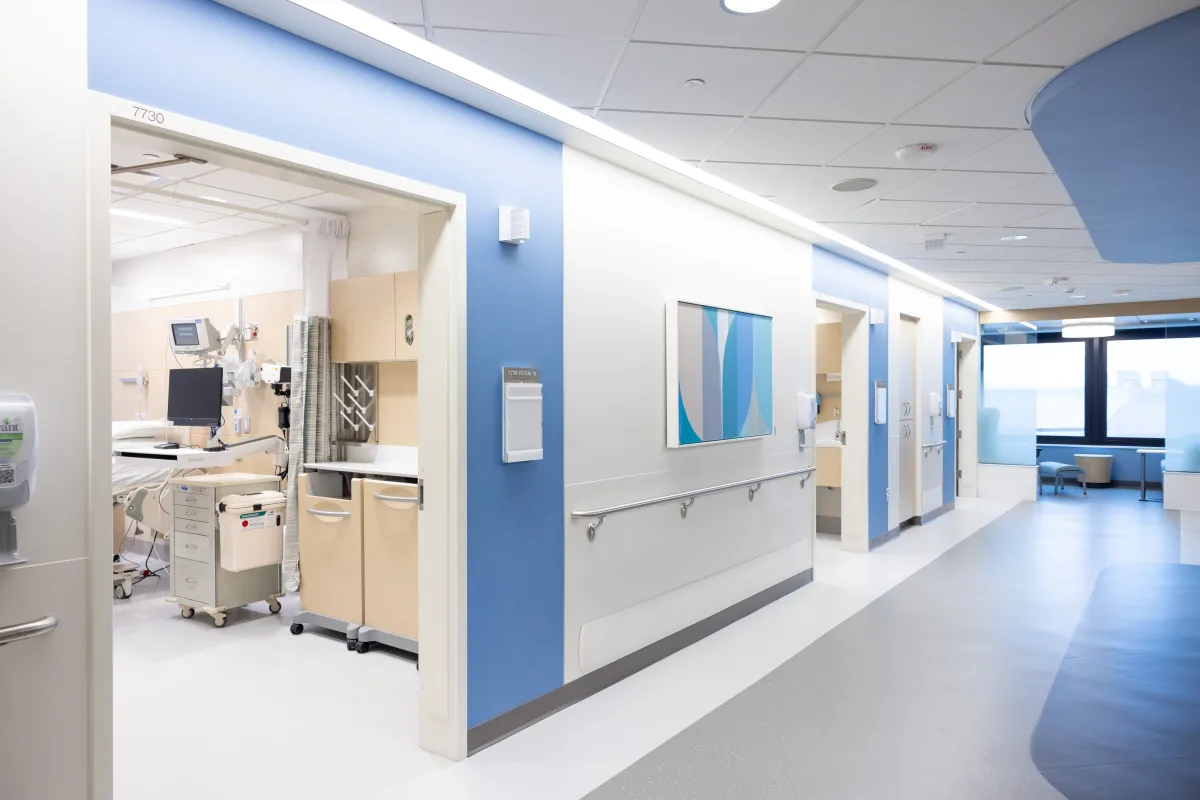 Interior shot of new Mother Baby unit hallway and entrance.