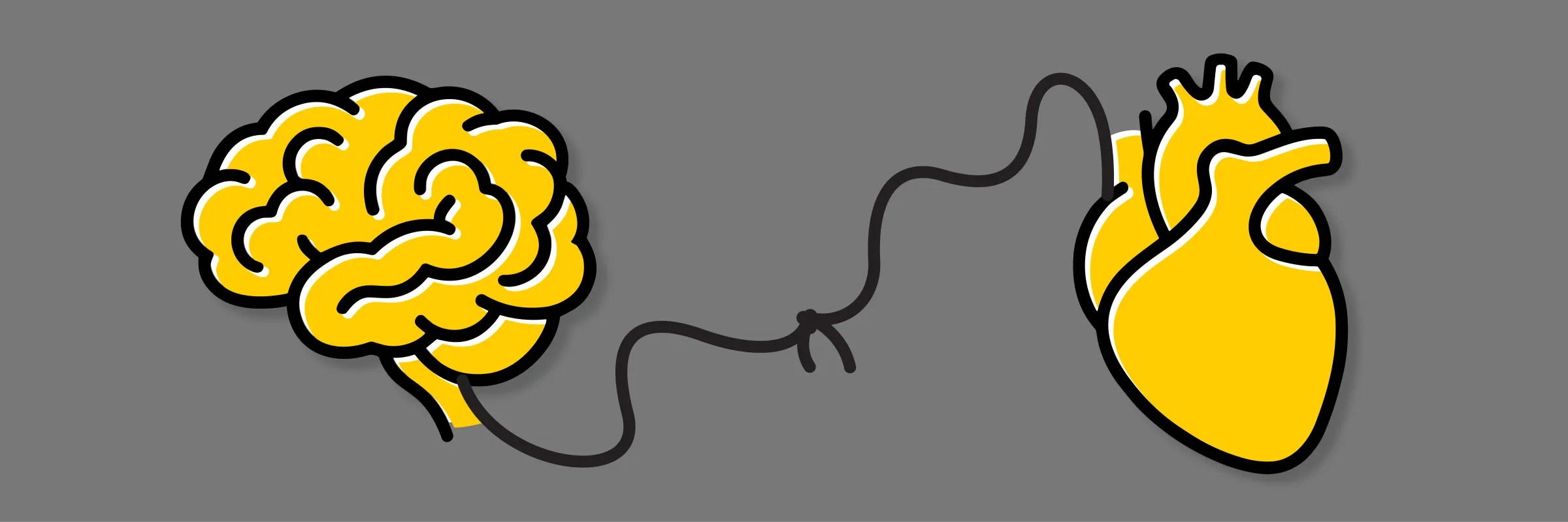 A stylized yellow brain and heart connected by a loose black line, symbolizing the link between thinking and feeling.