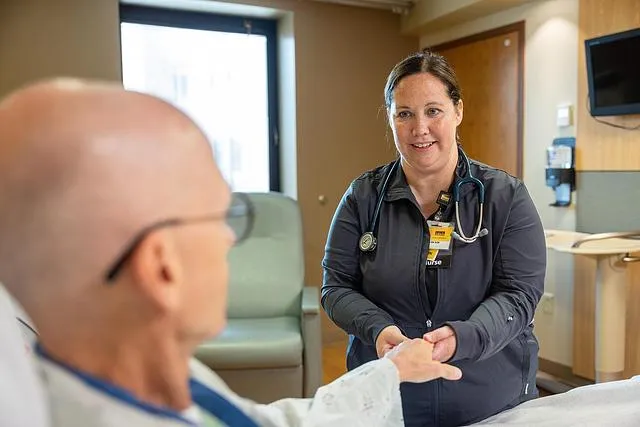 Staff nurse Kendra Connop in the Family Medicine inpatient unit 3 Center at UI Health Care Medical Center Downtown with simulated patients on Wednesday, July 9, 2025.