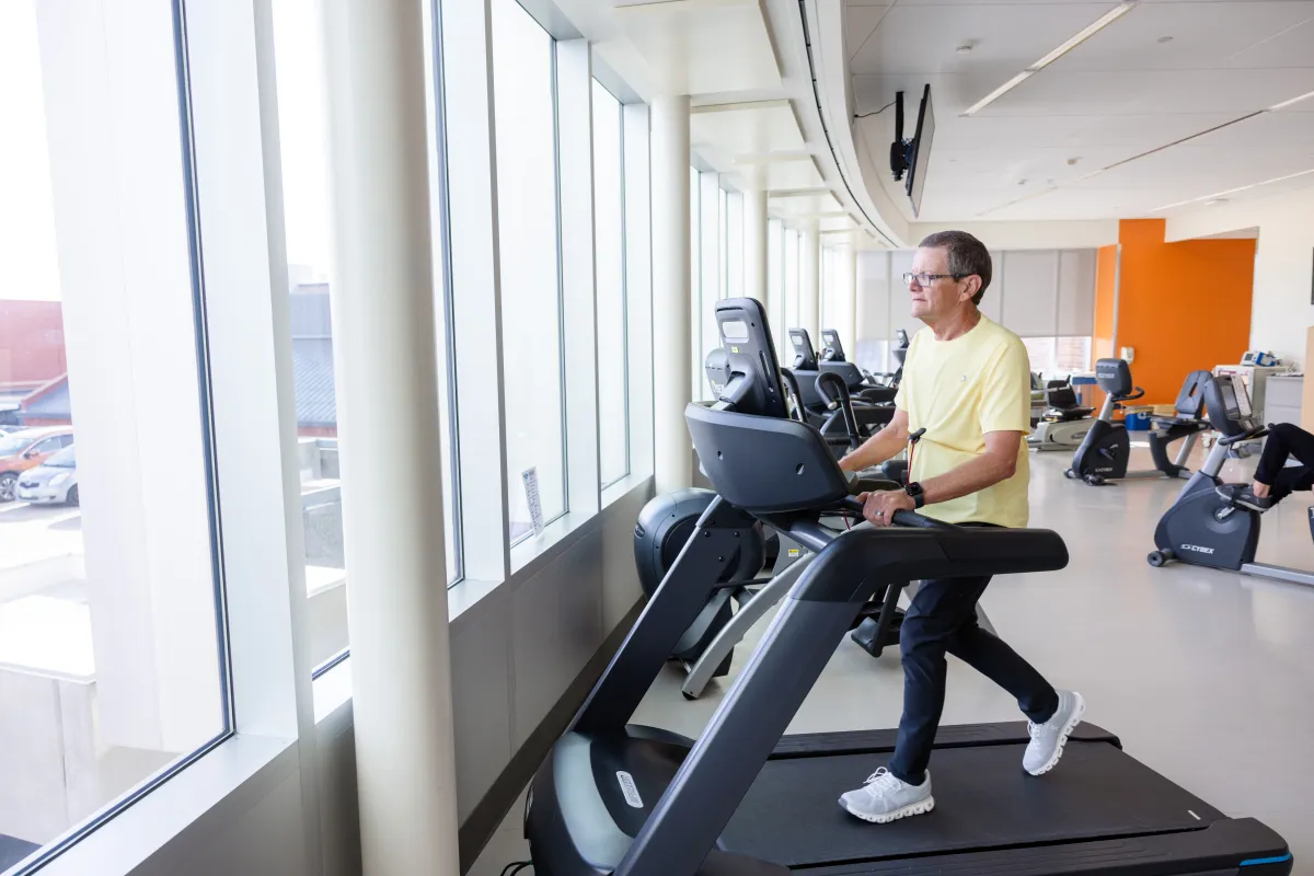John Yoder attends cardiac rehab at UI Health Care’s Iowa River Landing cardiac rehabilitation gym in Coralville on Wednesday, May 6, 2026. Yoder is recovering from minimally invasive cardiac surgery.