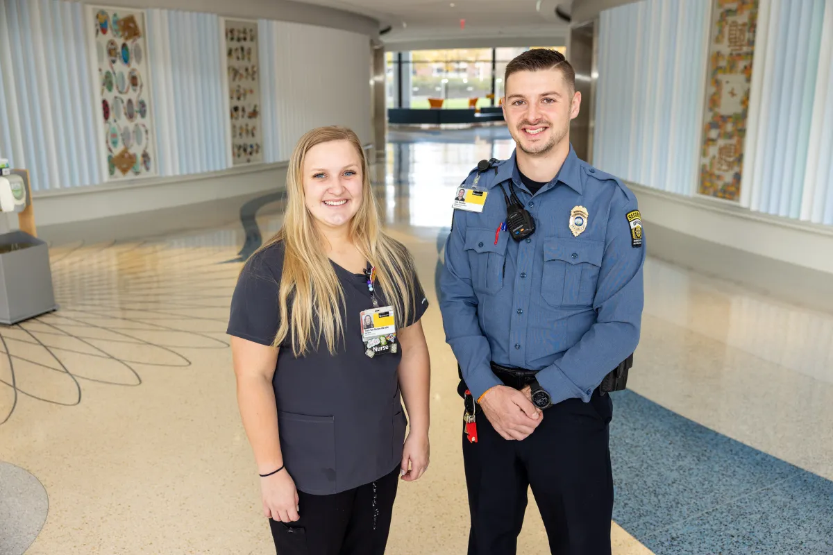 Hospital security officer Joe Swisher and staff nurse Tiara Van Green, photographed on Monday, Nov. 6, 2023. The two employees have formed a bond with a patient after working together to help bring food that a delivery service forgot.