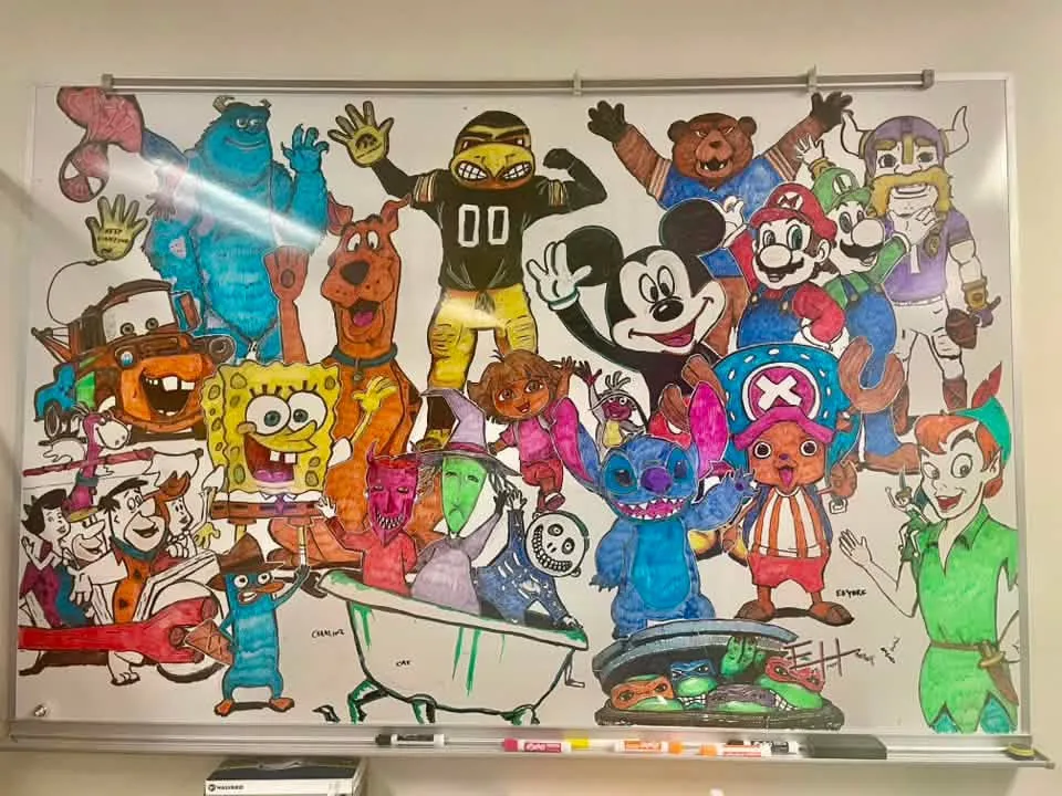 Hatcher’s artwork often starts with requests from patients and coworkers. This larger mural grew over time as he added characters inspired by nostalgic favorites. 