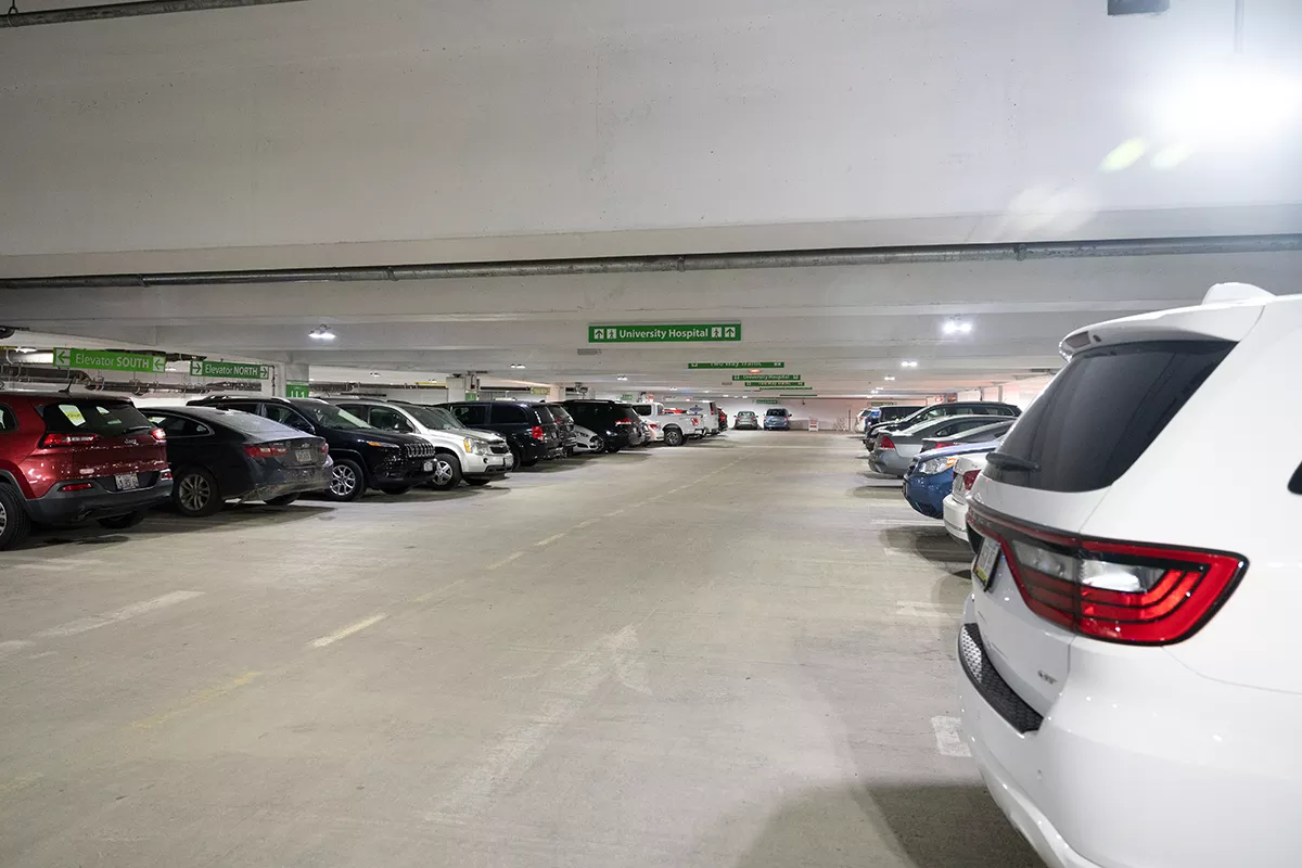 Cars parked inside Parking Ramp 2