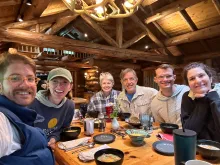 Lynette Marshall and Jeffery Ford (center) remain incredibly grateful for their family and friends as well as the care provided by those at UI Health Care. From left to right: son-in-law Diego Lasansky, daughter Katharine Lasansky, Lynette Marshall, Jeffery Ford, son Michael Ford, and daughter-in-law Pamela Levine.