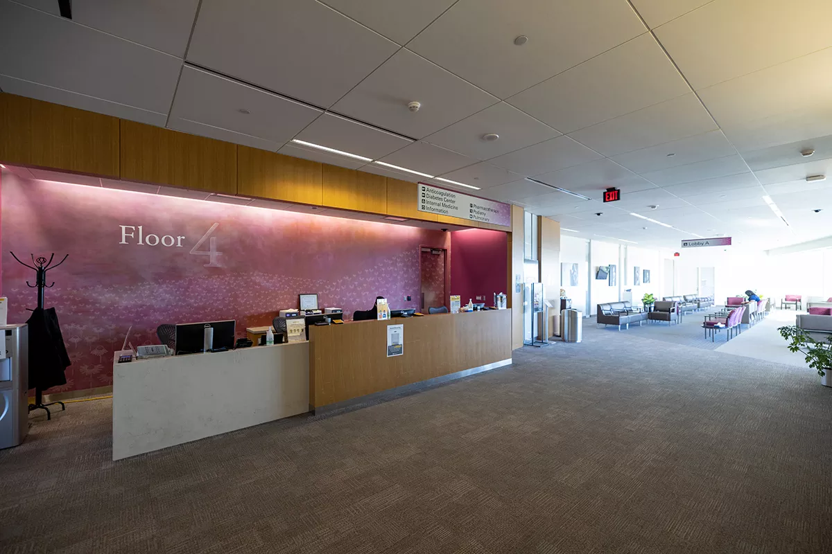 Lobby photo of the fourth floor of Iowa River Landing