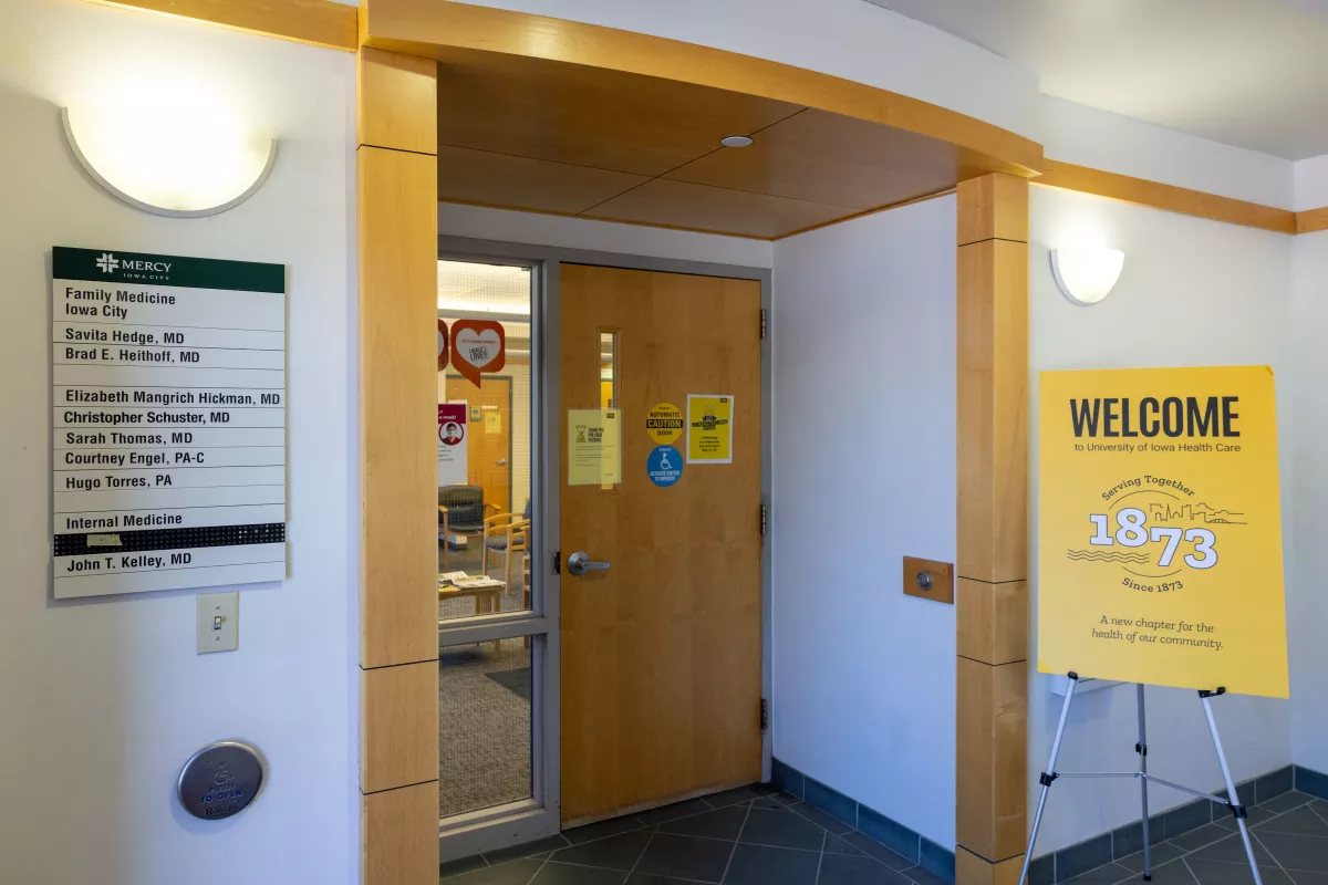 Interior clinic doorway to the family medicine clinic at Iowa City, First Avenue