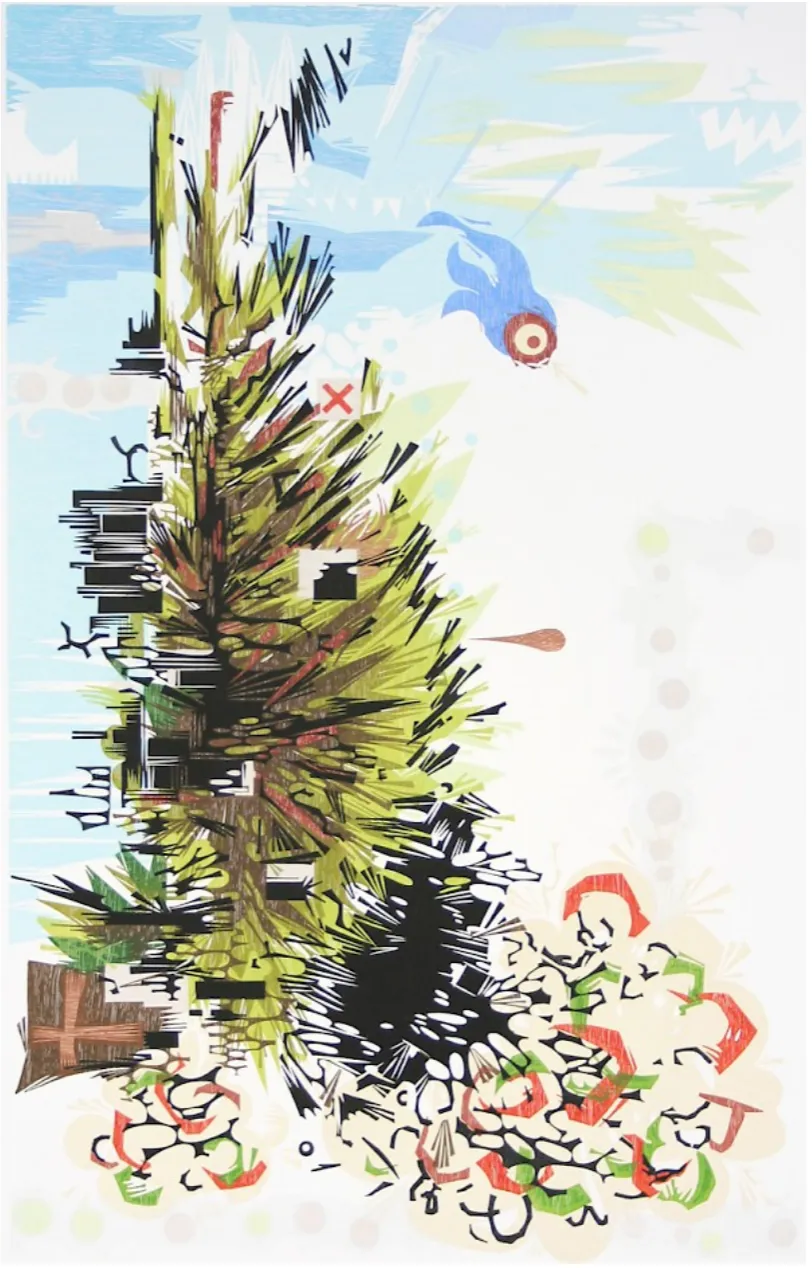Chris Papa, _Launch_, woodcut, UIHC Collection #10322