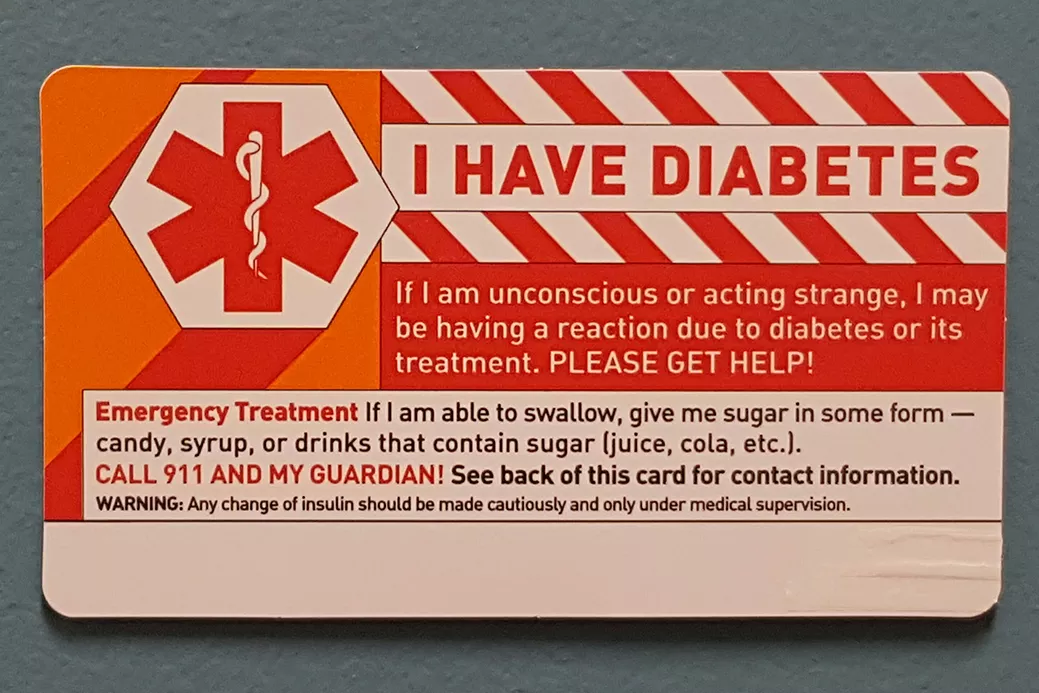 diabetes medical identification card for wallet, photo