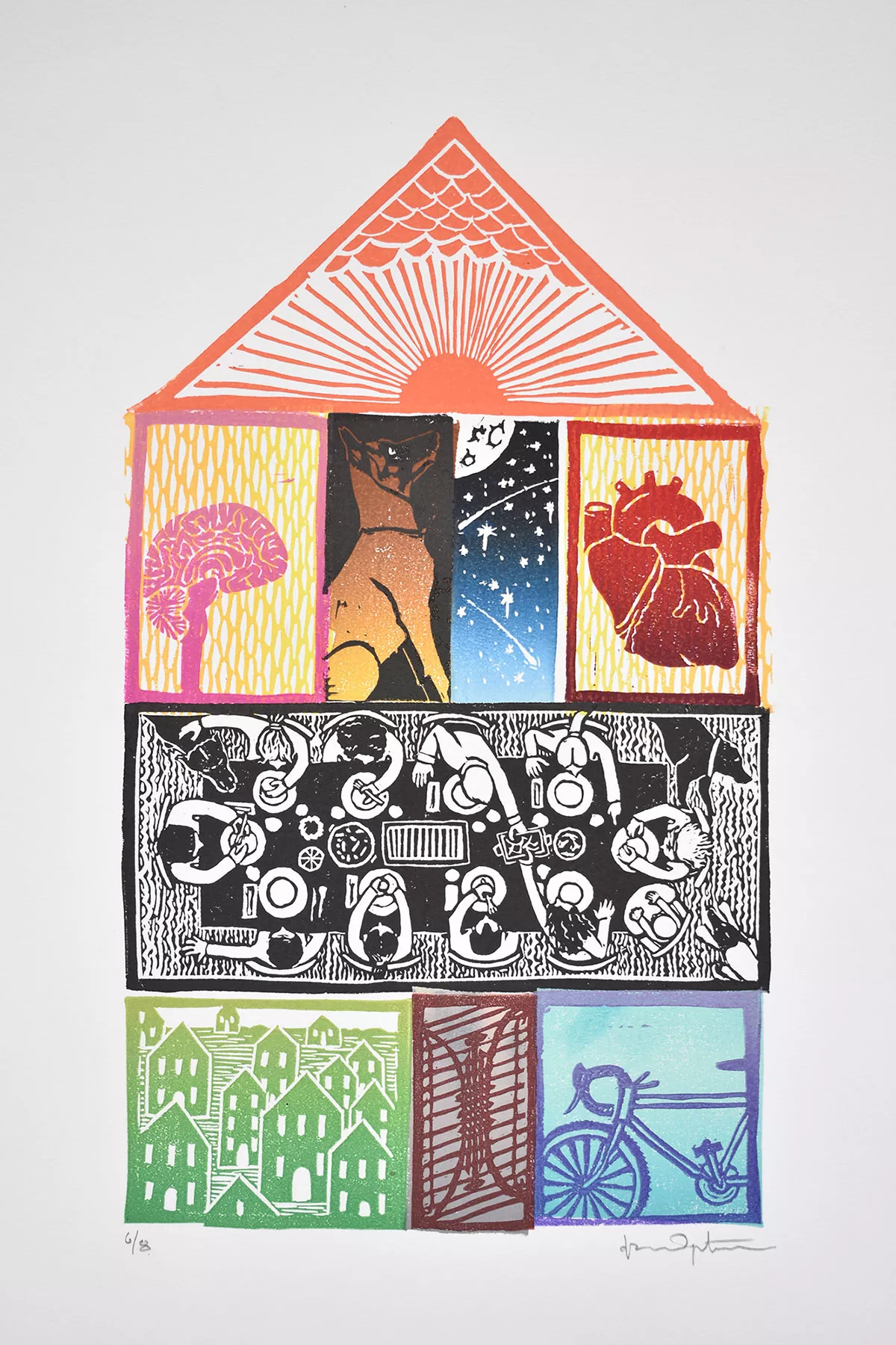 Three Story House, linoleum block print 
