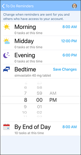 Example screen for managing reminders in MyChart