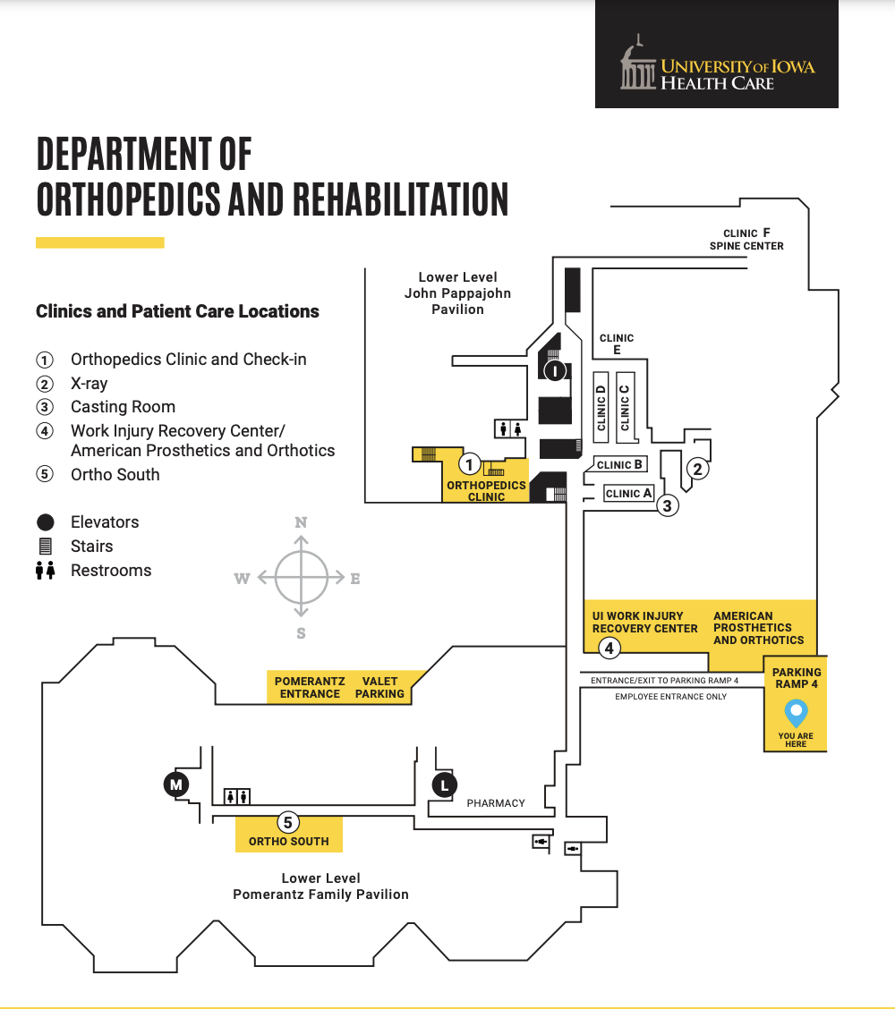 A map of the main Orthopedic and Rehabilitation locations at UI Hospitals & Clinics.