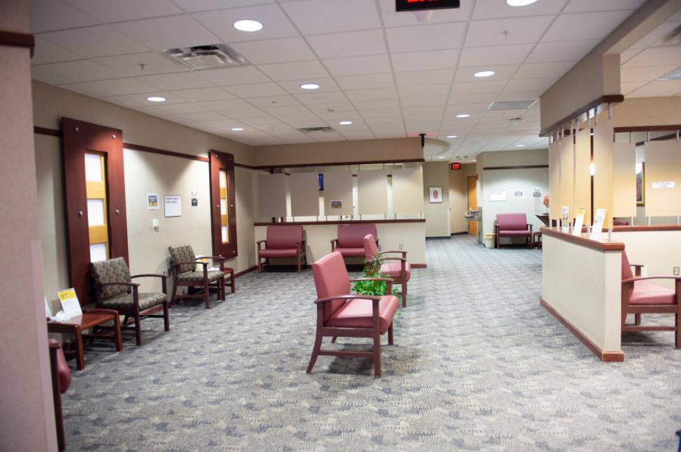 Waiting room at UI Health Care with furniture spaced for social distancing
